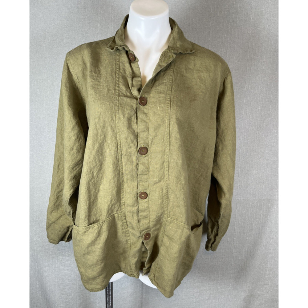 FLAX Jeanne Engelhart 100% Linen Top Button Down Army Green Oversized Size S